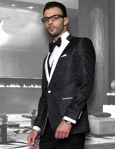 Mens Vested Swirl Patter Notch Lapel Tuxedo in Black 1 BELLAGIO_BLACK_38R  - from alligatorwarehouse.com