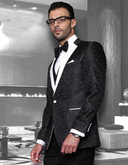 Mens Vested Swirl Patter Notch Lapel Tuxedo in Black