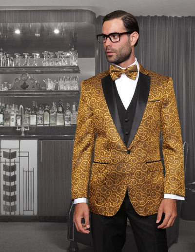 Mens Vested Swirl Patter Notch Lapel Tuxedo in Gold 1 BELLAGIO_GOLD_38S  - from alligatorwarehouse.com