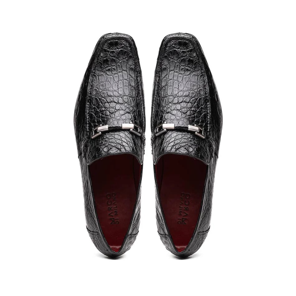 Marco Di Milano Fabro Men's Shoes Black Exotic Crocodile Horsebit Loafers