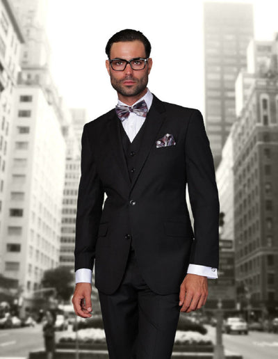 Mens 2 Button Modern Fit Vested Wool Suit in Black 1 STZV-100_BLACK_38S  - from alligatorwarehouse.com