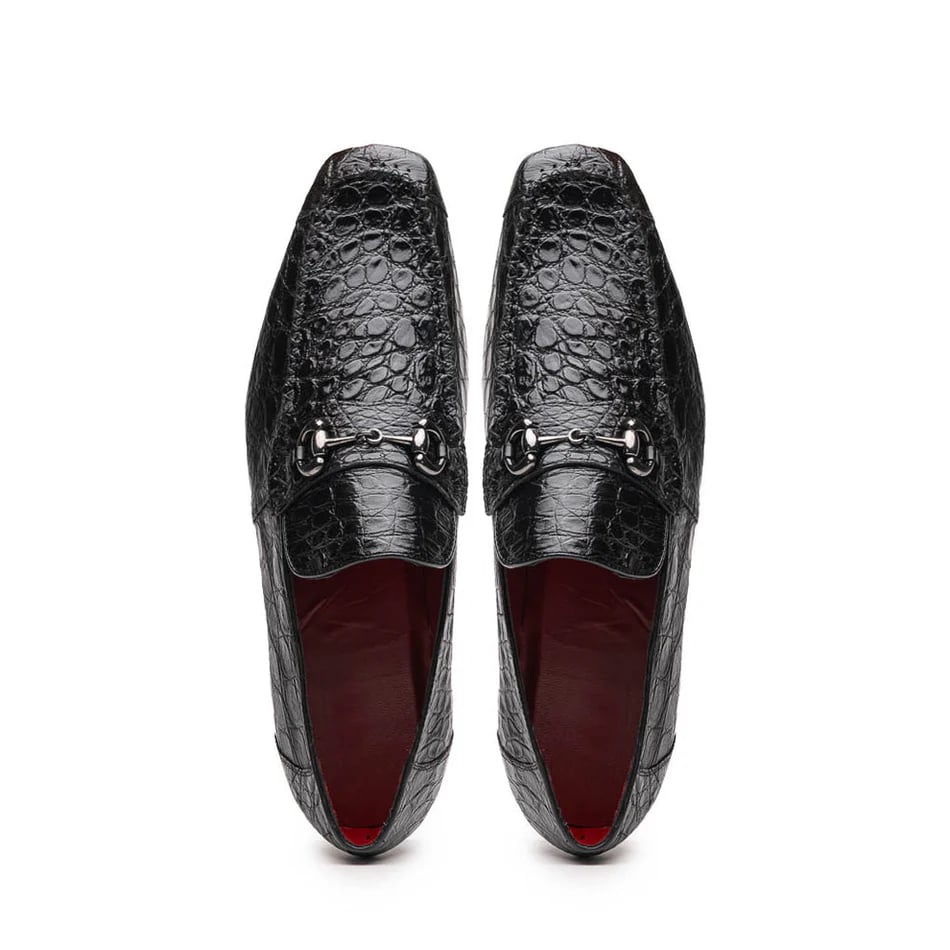 Marco Di Milano Landro Men's Shoes Black Exotic Crocodile Horsebit Loafers