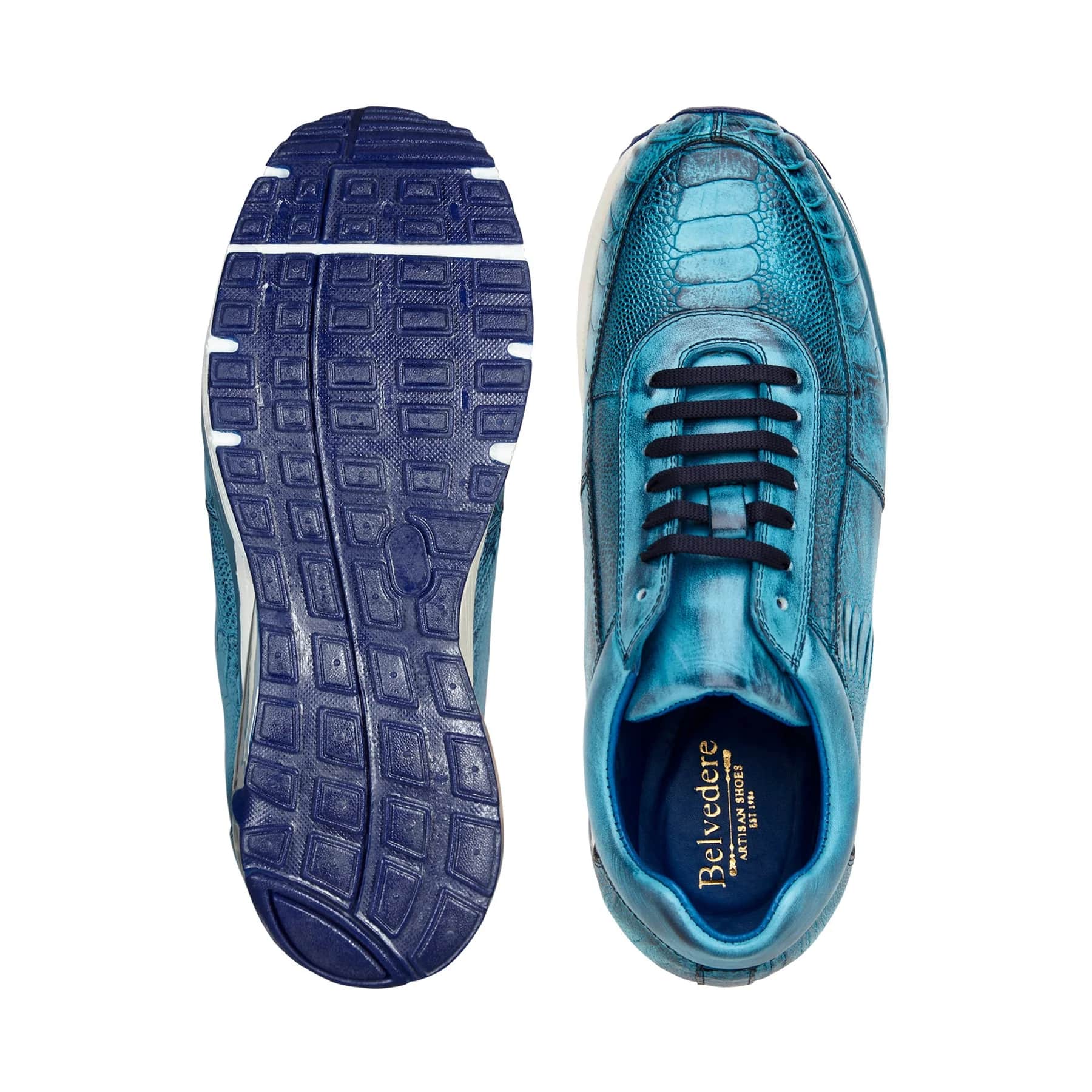 Belvedere Todd Men's Shoes Ocean Blue Exotic Genuine Ostrich Casual Sneakers 3 MEN E02 ANT. OCEAN BLUE-M-06  - from alligatorwarehouse.com