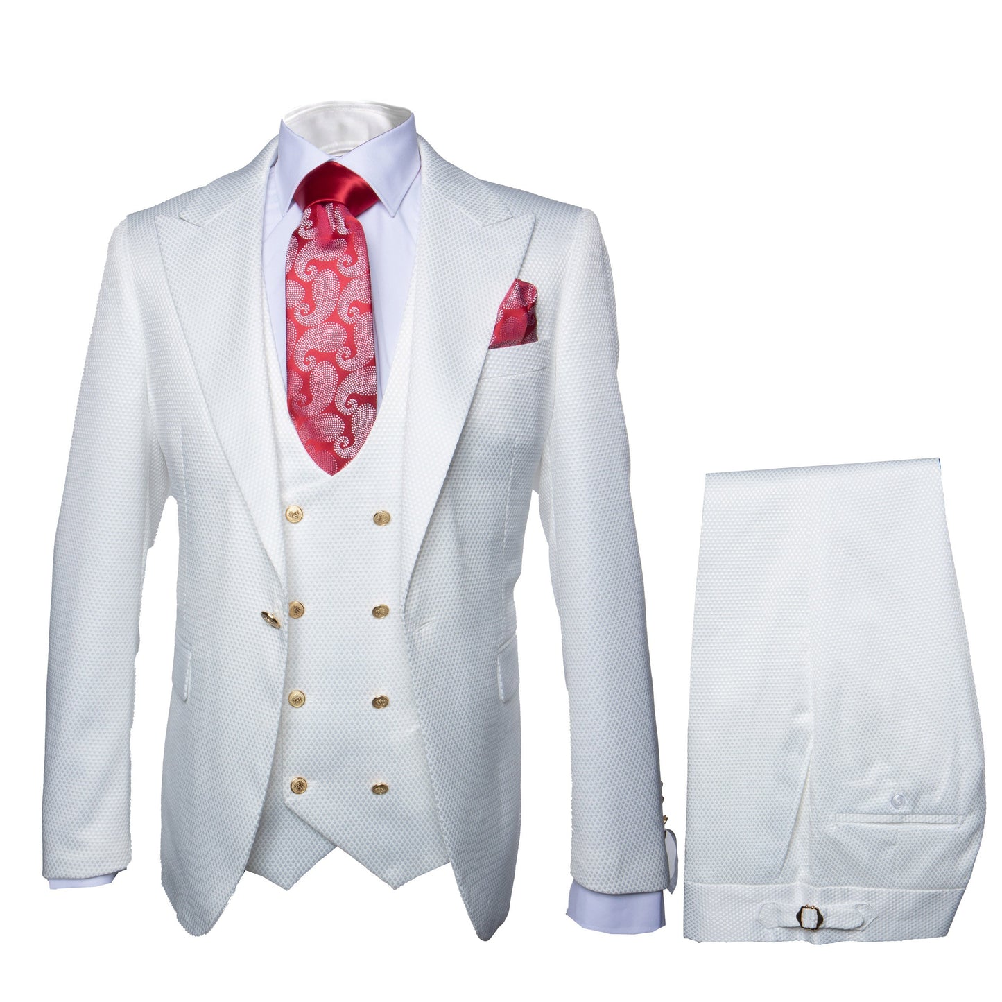 Rossi Man Slim Fit 3-Piece White Suit – Peak Lapel, Double-Breasted Vest & Flat Front Pants