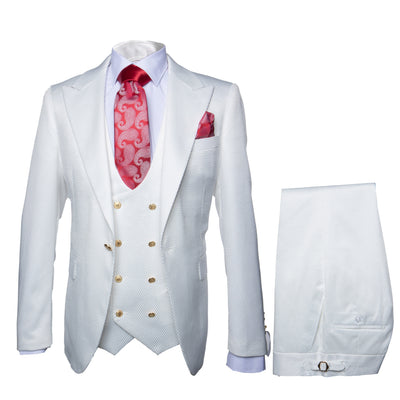 Rossi Man Slim Fit 3-Piece White Suit – Peak Lapel, Double-Breasted Vest & Flat Front Pants 1   - from alligatorwarehouse.com