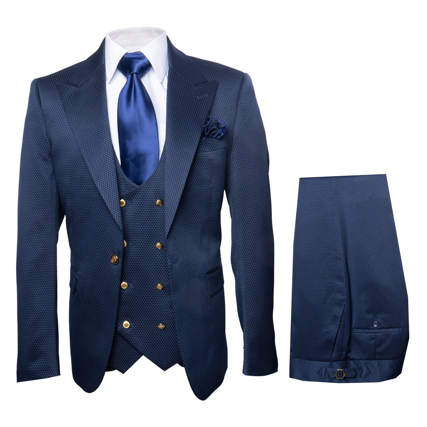Rossi Man BOND RM1752 Slim Fit 3-Piece Navy Suit – 1-Button Peak Lapel, Double-Breasted Vest & Flat Front Pants