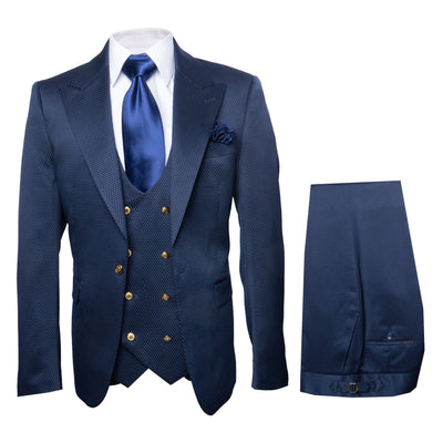 Rossi Man BOND RM1752 Slim Fit 3-Piece Navy Suit – 1-Button Peak Lapel, Double-Breasted Vest & Flat Front Pants 1   - from alligatorwarehouse.com
