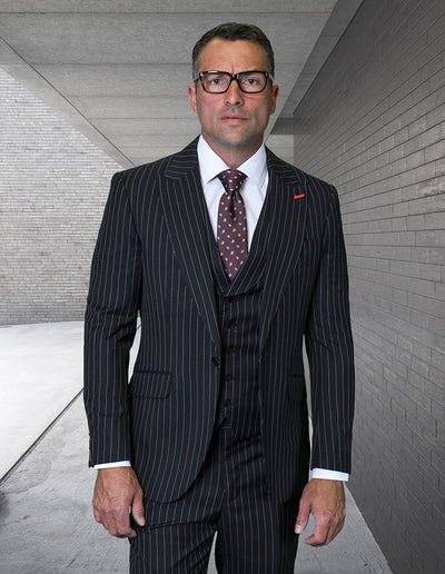 Mens Classic Fit Pleated Pant Wide Peak Lapel Wool Suit with Double Breasted Vest in Grey Pinstripe