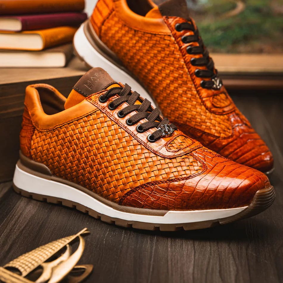 Marco Di Milano Roma Men's Shoes Brandy Exotic Crocodile / Woven Leather Casual Sneakers