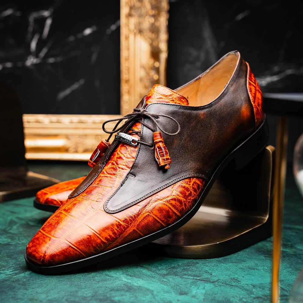 Marco Di Milano Anzio Exotic Alligator & Calfskin Leather Brandy Oxfords