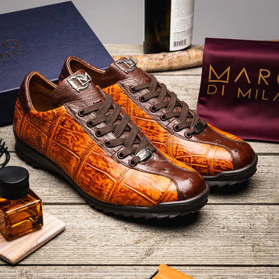 Marco Di Milano Saulo Men's Shoes Brandy & Brown Exotic Ostich / Alligator Casual Sneakers 2 SAULO_ALLIGATOR-OSTRICH_BRANDY_8  - from alligatorwarehouse.com