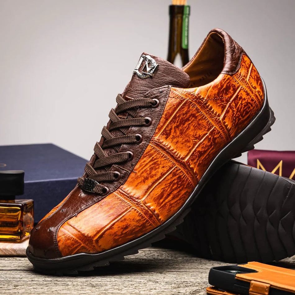 Marco Di Milano Saulo Men's Shoes Brandy & Brown Exotic Ostich / Alligator Casual Sneakers