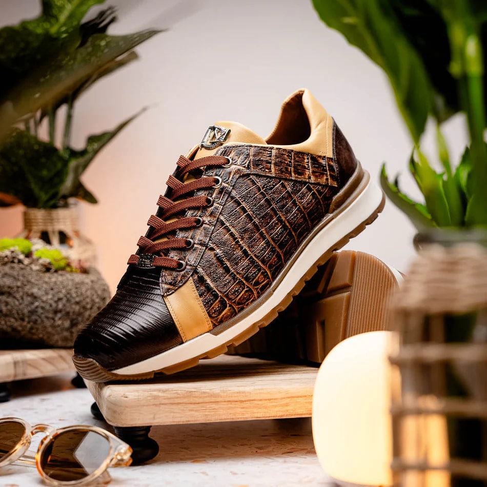 Marco Di Milano Portici Men's Shoes Orix & Brown Exotic Lizard / Crocodile Casual Sneakers