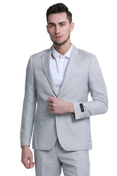 Men's Two Button Peak Lapel Summer Linen Style Beach Wedding Suit in Light Grey 1   - from alligatorwarehouse.com
