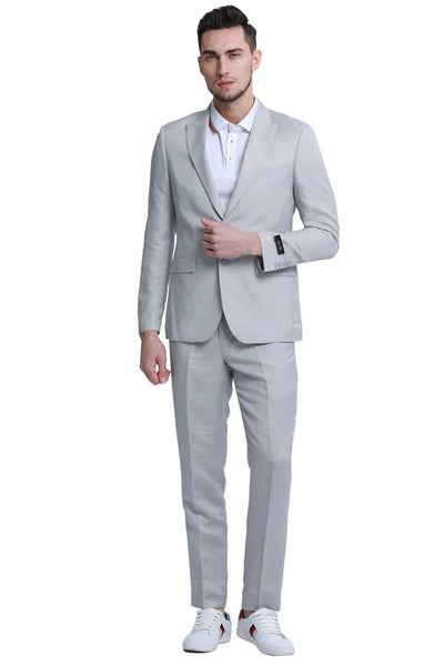 Men's Two Button Peak Lapel Summer Linen Style Beach Wedding Suit in Light Grey 2   - from alligatorwarehouse.com