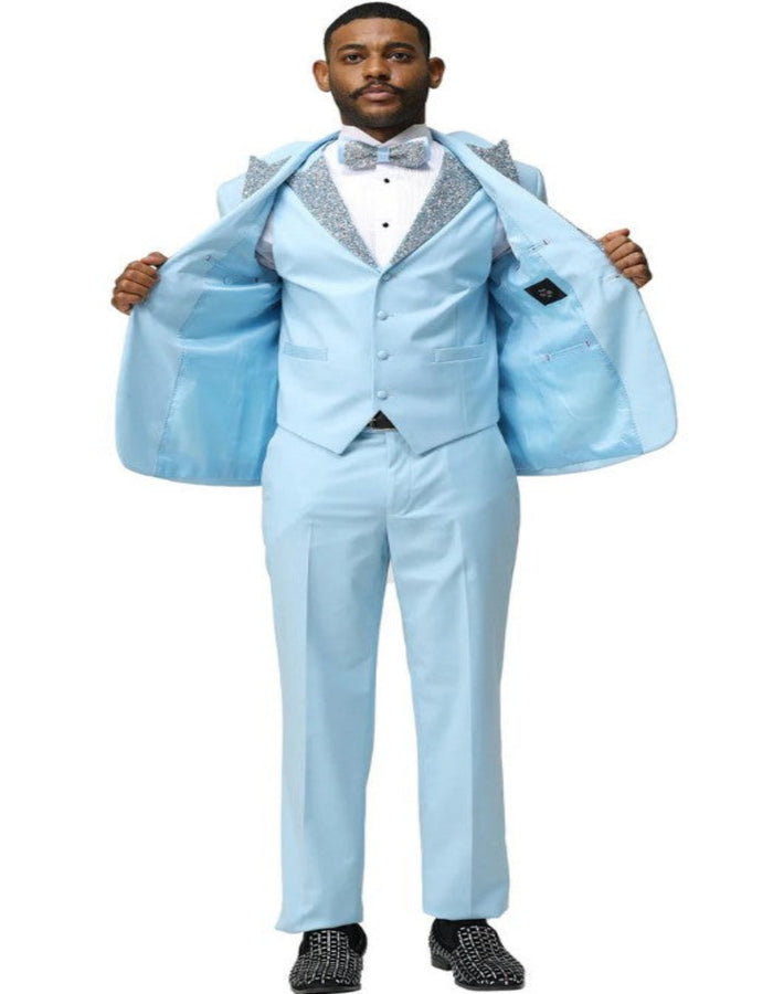 Baby Blue Prom Tuxedo - Perfect Wedding Suit Vested rhinestone sequin Lapelled