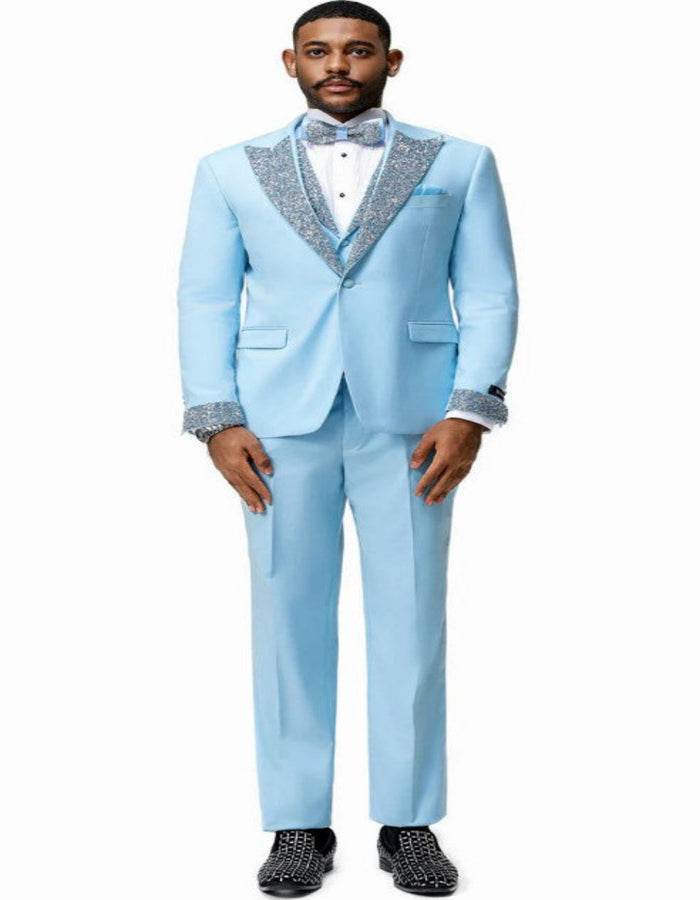 Baby Blue Prom Tuxedo - Perfect Wedding Suit Vested rhinestone sequin Lapelled