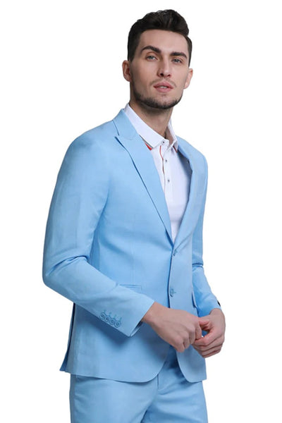 Men's Two Button Peak Lapel Summer Linen Style Beach Wedding Suit in Baby Blue 1   - from alligatorwarehouse.com