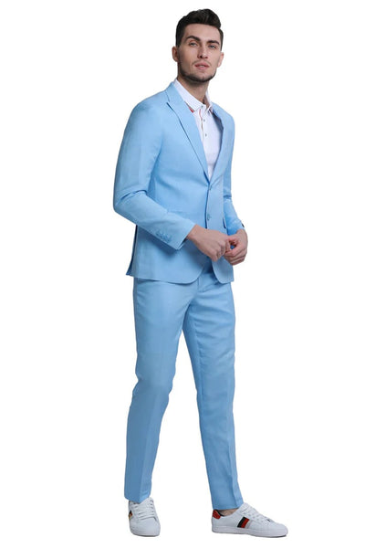 Men's Two Button Peak Lapel Summer Linen Style Beach Wedding Suit in Baby Blue 2   - from alligatorwarehouse.com