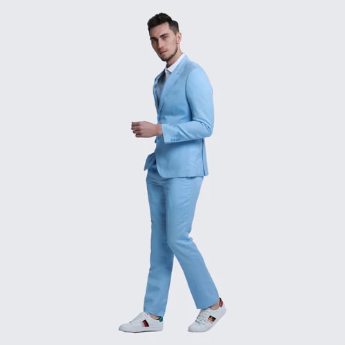 Baby Blue Linen Suit Slim Fit Two Piece Set - Wedding - Prom