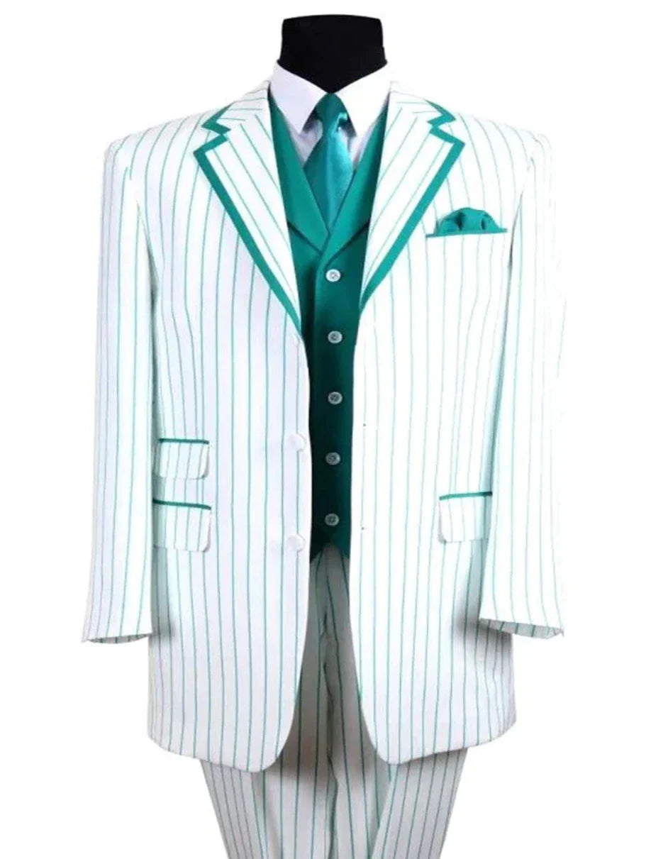 Mens 3 Button Vested Barbershop Quartet Suit In White With Turquoise Pinstripes