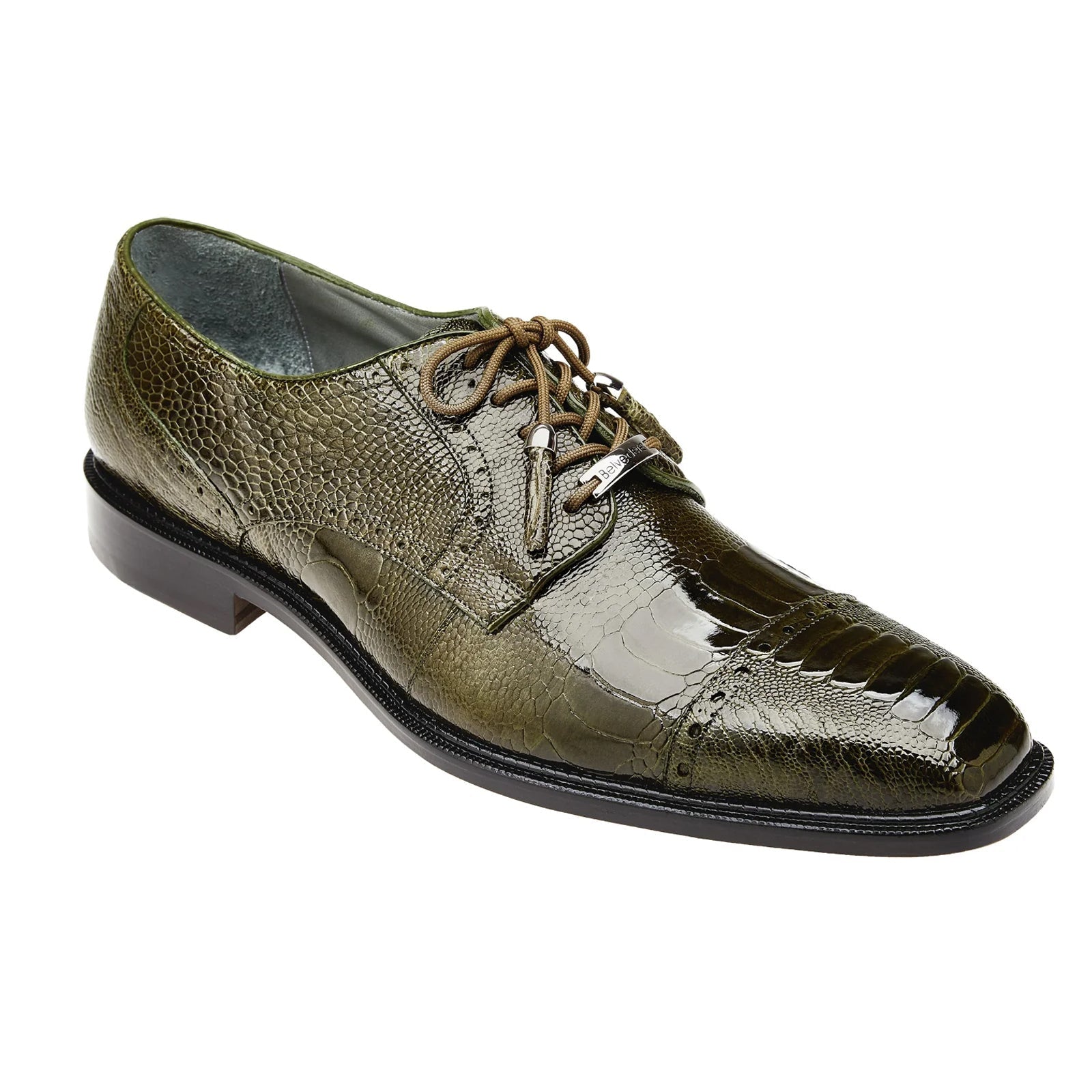 Men's Belvedere Batta Cap Toe Ostrich Dress Shoe in Olive Green