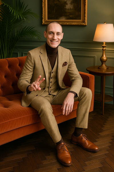 Mens Beige Plaid 3-Piece Suit – Classic Checkered Suit for Weddings, Church Vested Checkered Pattern 3   - from alligatorwarehouse.com