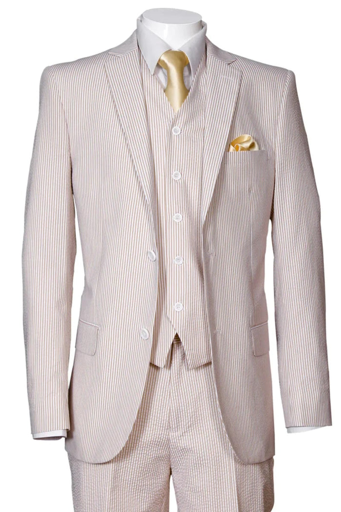 Mens 2 Button Jacket + Pants Summer Seersucker Suit in Tan