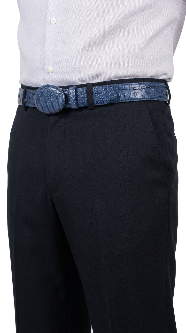 Men’s Navy Blue Caiman Crocodile Western Belt – Exotic Cowboy Belt with Matching Buckle Detail