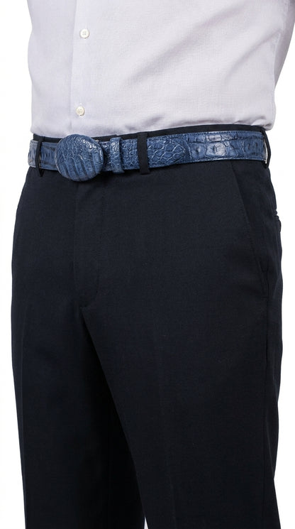 Men’s Navy Blue Caiman Crocodile Western Belt – Exotic Cowboy Belt with Matching Buckle Detail