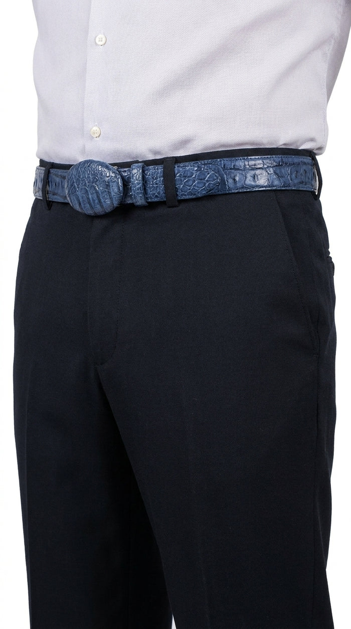 Men’s Navy Blue Caiman Crocodile Western Belt – Exotic Cowboy Belt with Matching Buckle Detail