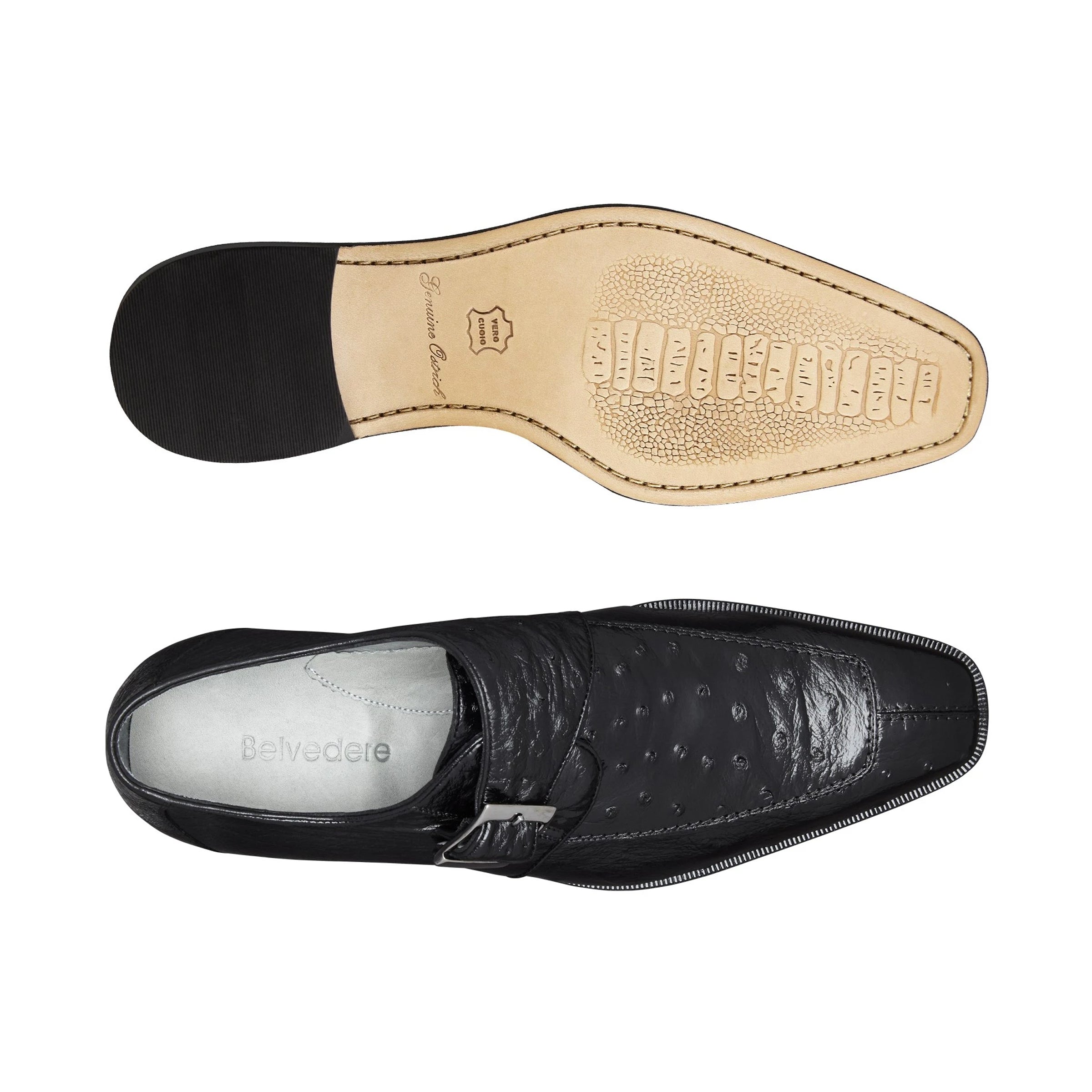 Mens Belvedere Josh Ostrich Quill Monk Strap Shoe in Black 3 MEN 114011 BLACK-M-08  - from alligatorwarehouse.com