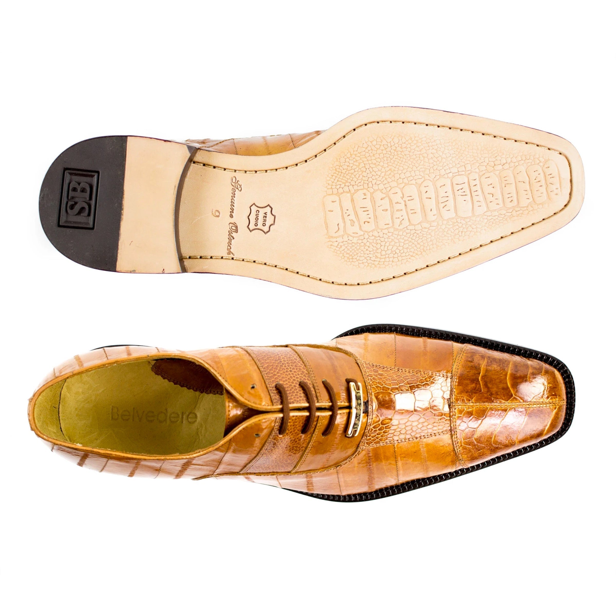 Mens Belvedere Mare Eel & Ostrich Cap Toe Dress Shoe in Tan 3 MEN 2P7 BLACK-M-09  - from alligatorwarehouse.com