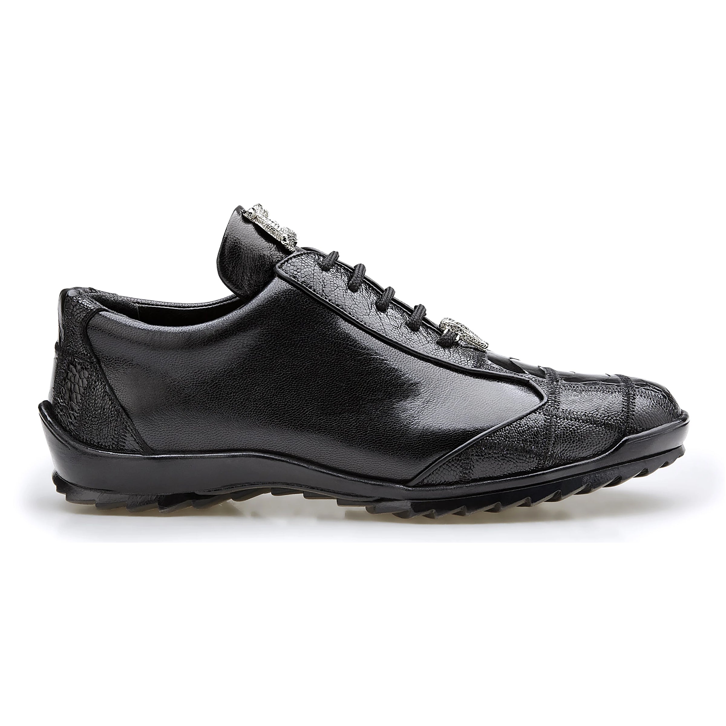 Mens Belvedere Paulo Sneaker in Calf & Ostrich Leg Patchwork in White 4   - from alligatorwarehouse.com