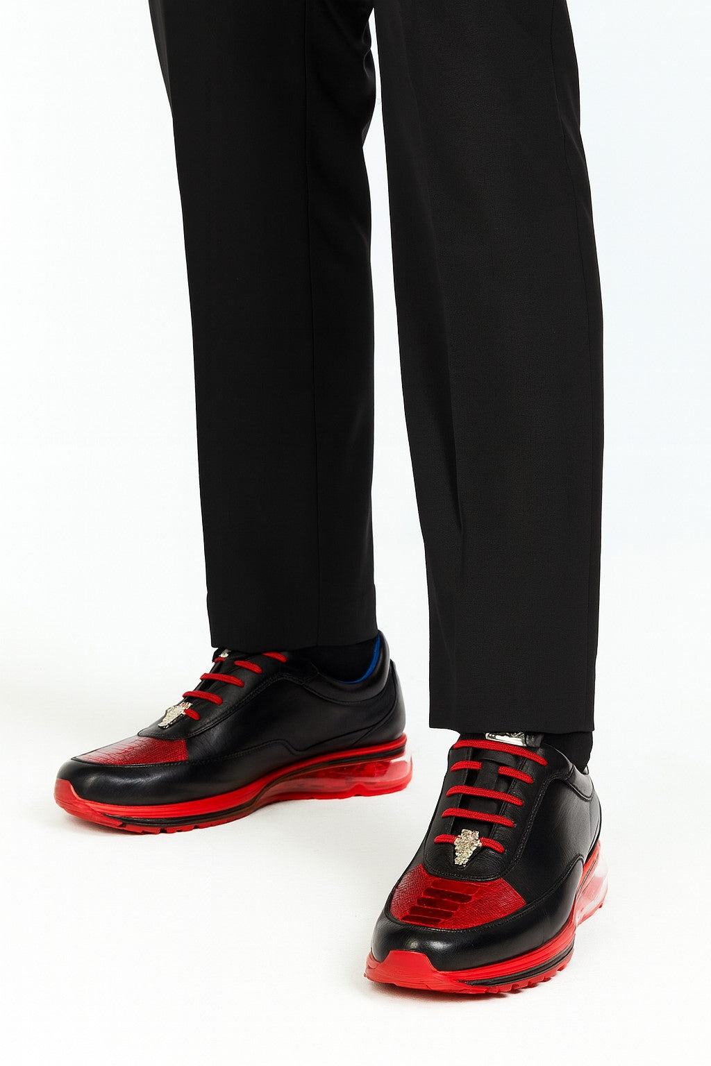 Belvedere  Flash Men's Shoes Black & Red Exotic Ostrich / Calf-skin Leather Casual Sneakers 6 MEN E01 BLACK/RED-M-09  - from alligatorwarehouse.com