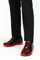 Belvedere  Flash Men's Shoes Black & Red Exotic Ostrich / Calf-skin Leather Casual Sneakers
