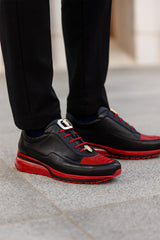 Belvedere  Flash Men's Shoes Black & Red Exotic Ostrich / Calf-skin Leather Casual Sneakers