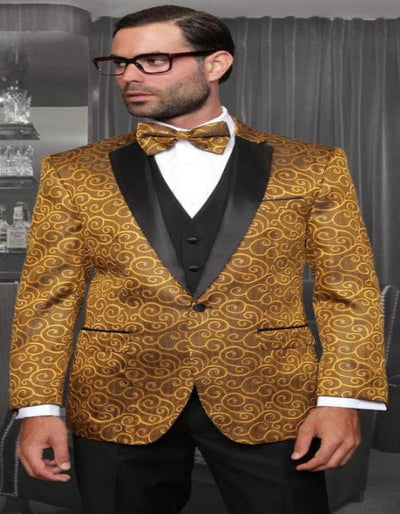 Big and Tall Size Tuxedo Dinner Jacket - Paisley Fabric Blazer in Color Gold 1   - from alligatorwarehouse.com