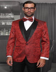 Big and Tall Size Tuxedo Dinner Jacket - Paisley Fabric Blazer in Color Red