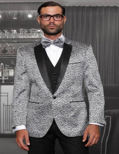 Big and Tall Size Tuxedo Dinner Jacket - Paisley Fabric Blazer in Color Silver 1   - from alligatorwarehouse.com
