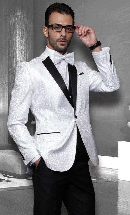 Big and Tall Size Tuxedo Dinner Jacket - Paisley Fabric Blazer in Color White