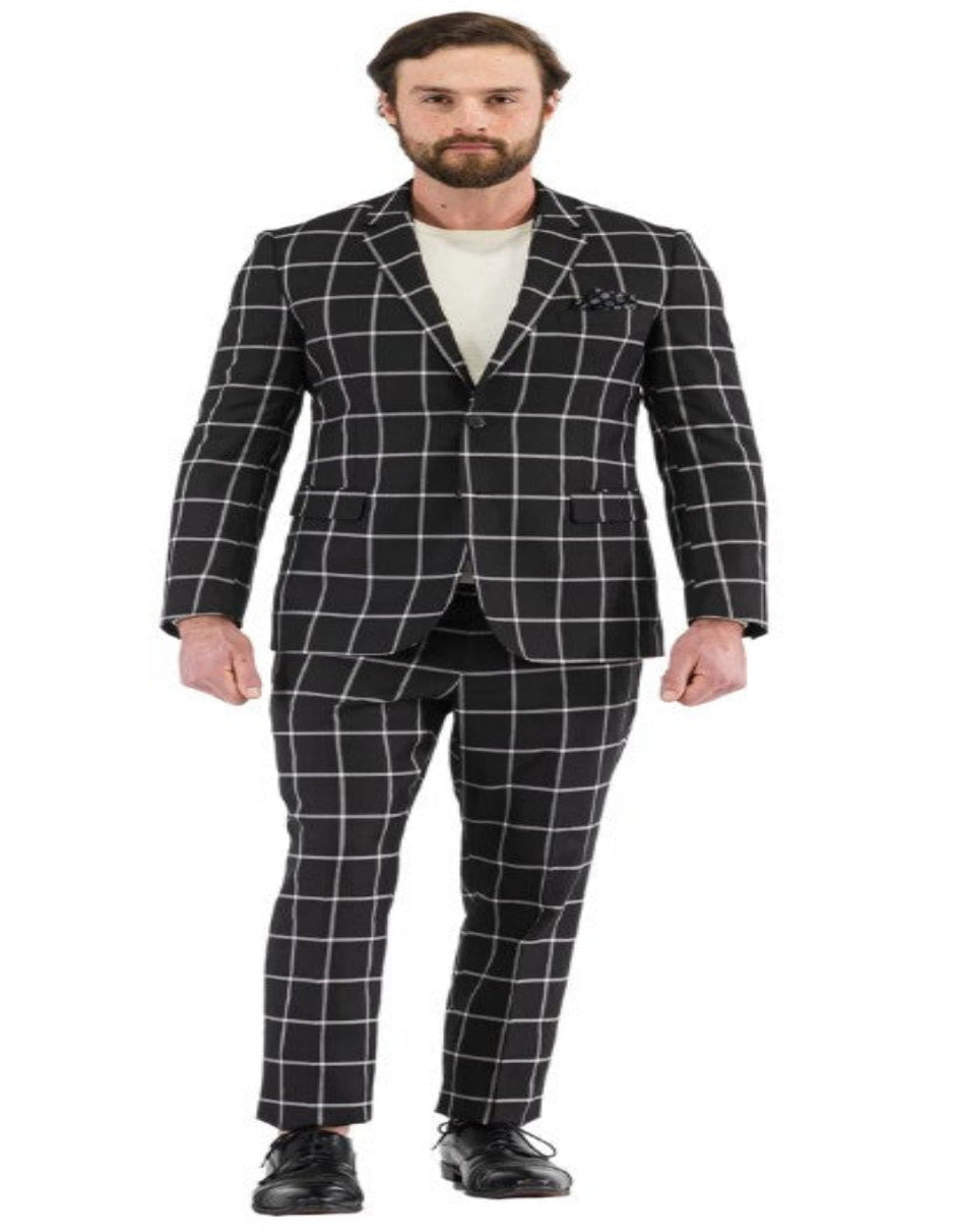 Mens Plaid Suits - Windowpane Pattern With Vest -Business Suit Black