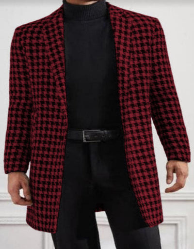 Men Houndstooth Lapel Collar Single Breasted Tweed Overcoat Black and Burgundy 1   - from alligatorwarehouse.com