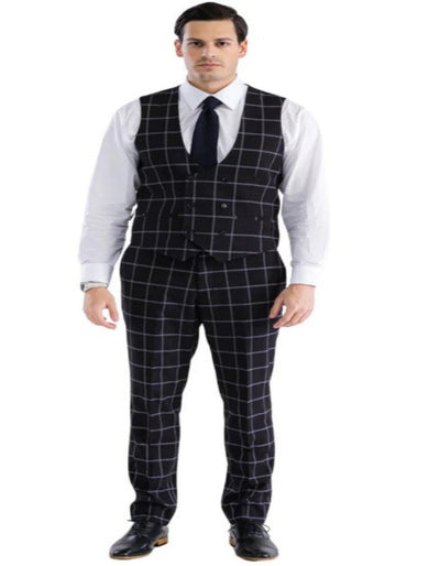 Mens Plaid Suit - Windowpane Pattern With Vest - Business Suit Black 7   - from alligatorwarehouse.com
