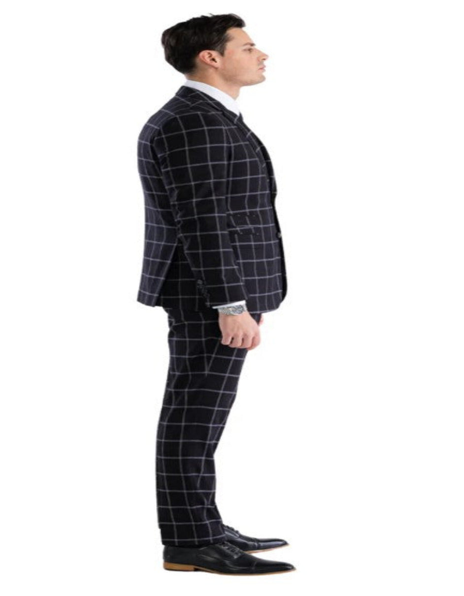 Mens Plaid Suit - Windowpane Pattern With Vest - Business Suit Black