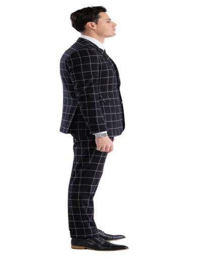 Mens Plaid Suit - Windowpane Pattern With Vest - Business Suit Black 6   - from alligatorwarehouse.com