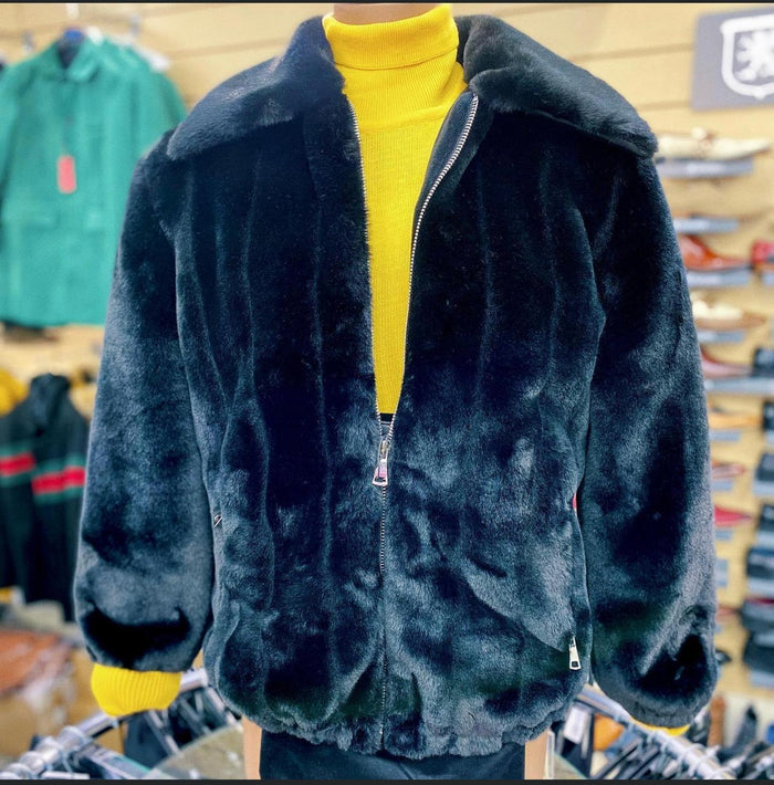 Mens Black Faux Fur Jacket – Luxury Winter Zip-Up Coat with Soft Plush Finish