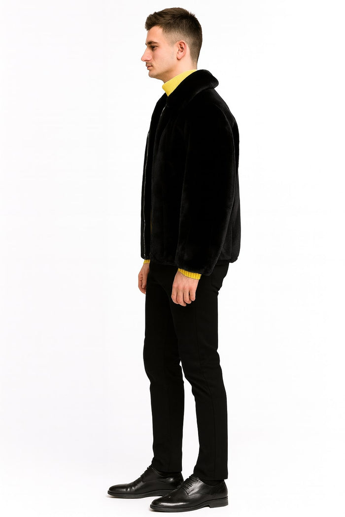Mens Black Faux Fur Jacket – Luxury Winter Zip-Up Coat with Soft Plush Finish