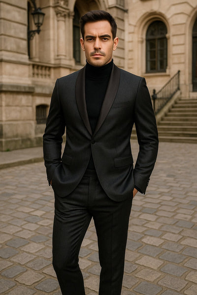 Mens Black Glitter Stripe Tuxedo with Satin Shawl Lapel – Slim Fit Formal Party Suit 3   - from alligatorwarehouse.com