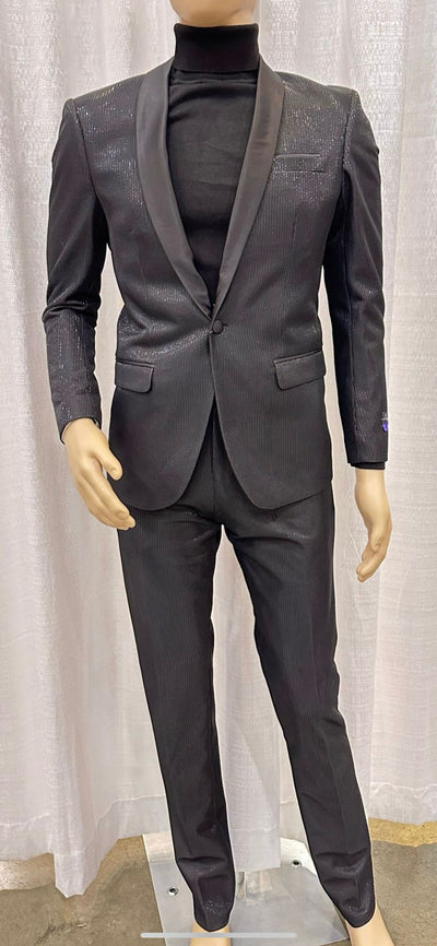 Mens Black Glitter Stripe Tuxedo with Satin Shawl Lapel – Slim Fit Formal Party Suit 4   - from alligatorwarehouse.com